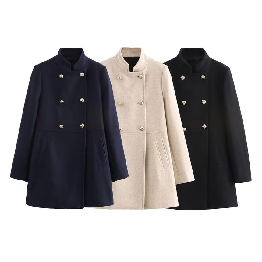 Stand Collar Plain Long Double-Breasted Coat Product Image