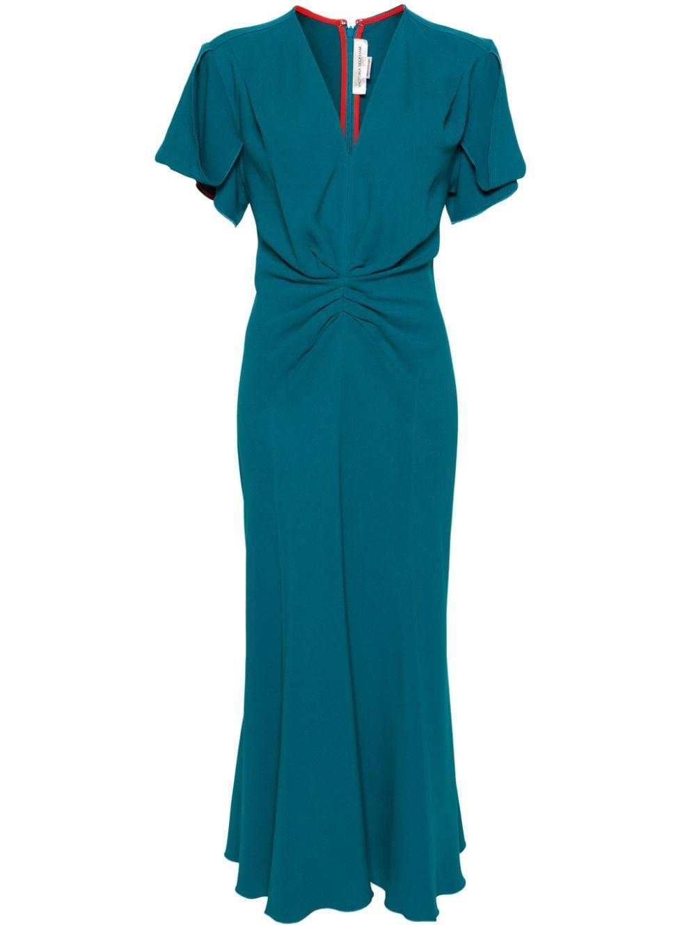 Draping-detailed Flared Midi Dress In Green Product Image