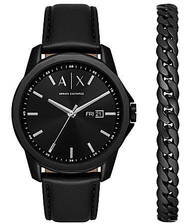 Armani Exchange Mens Three-Hand Day-Date Black Leather Watch and Black Stainless Steel Bracelet Set Product Image