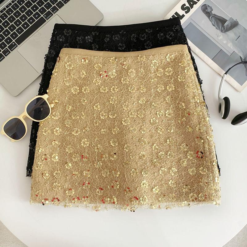 High Waist Sequined A-Line Mini Skirt Product Image