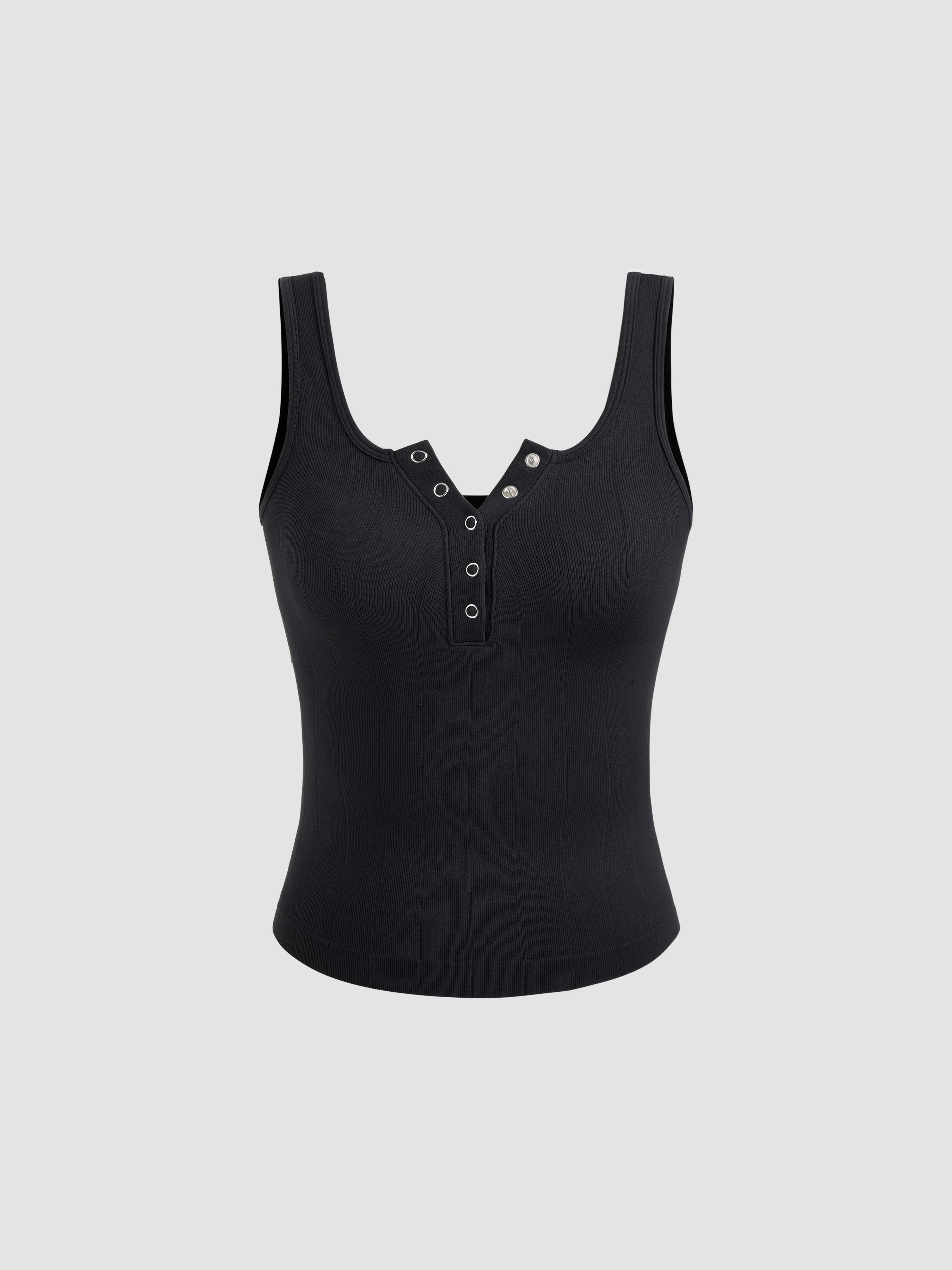 Seamless V-neck Solid Button Tank Top Product Image