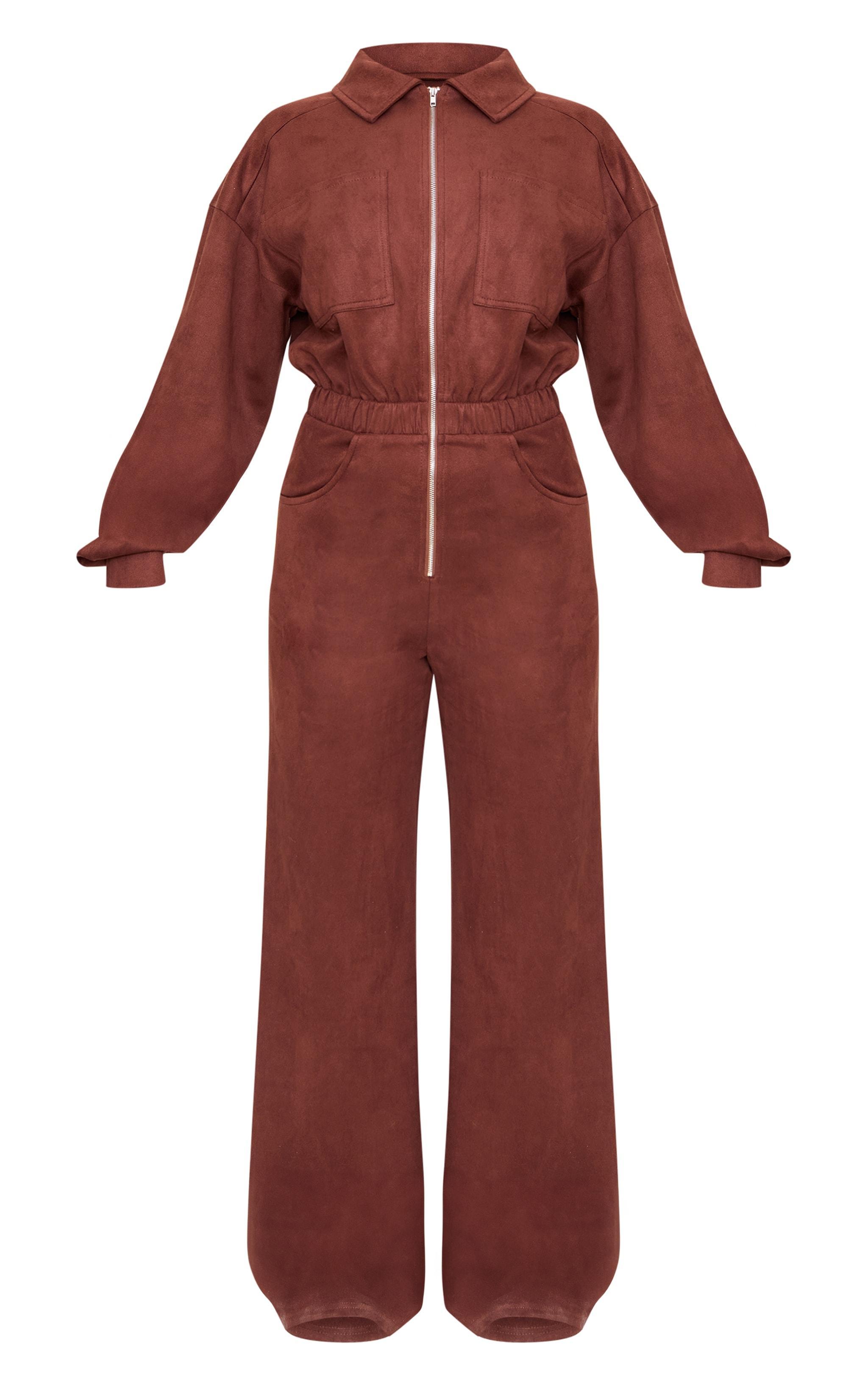 Chocolate Faux Suede Long Sleeve Straight Leg Jumpsuit Product Image