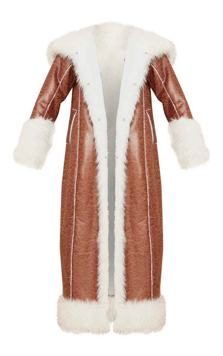 Brown Faux Fur Trim Distressed Faux Leather Maxi Coat Product Image