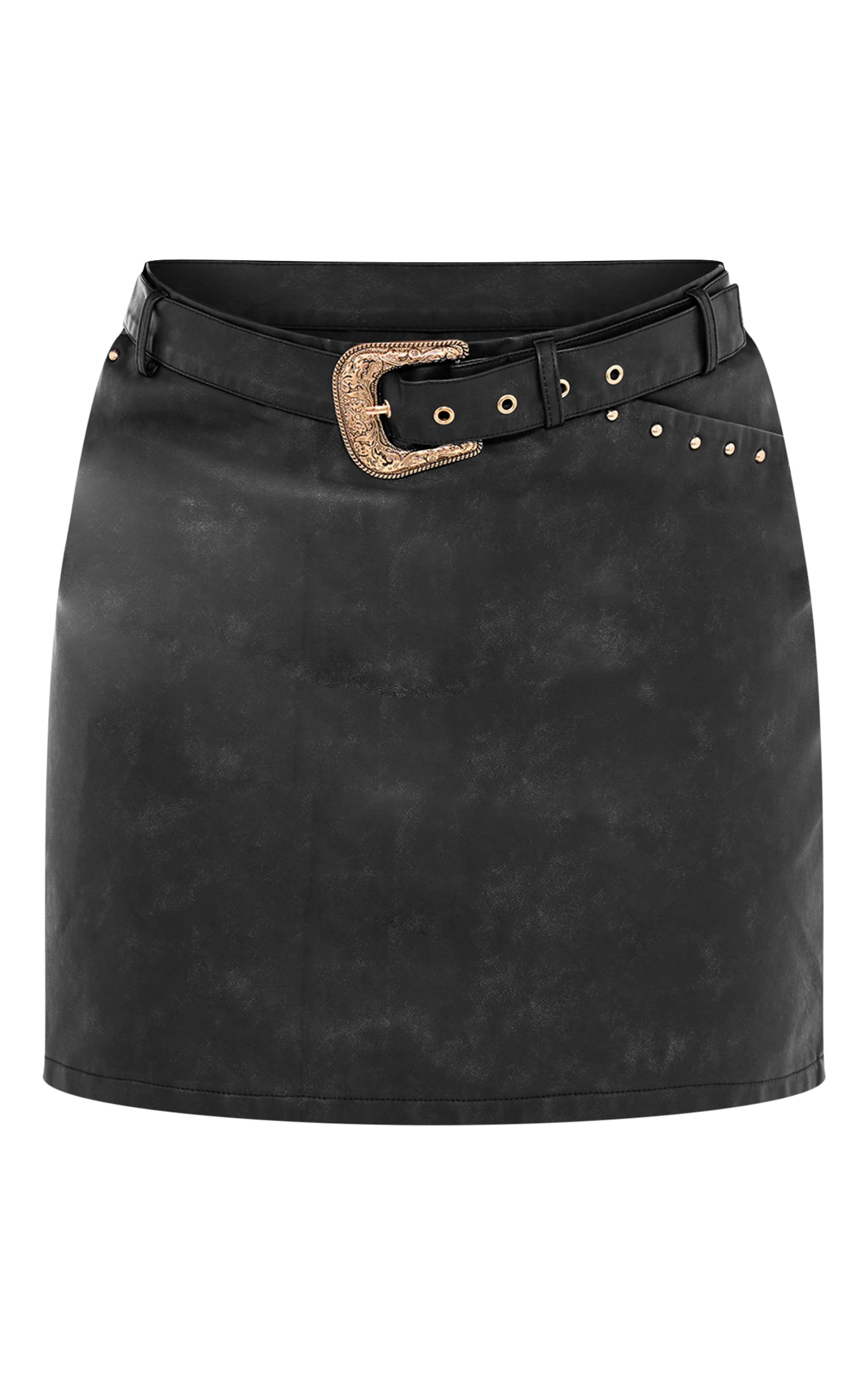 Plus Black Faux Leather Belted Stud Detail Mini Skirt Product Image