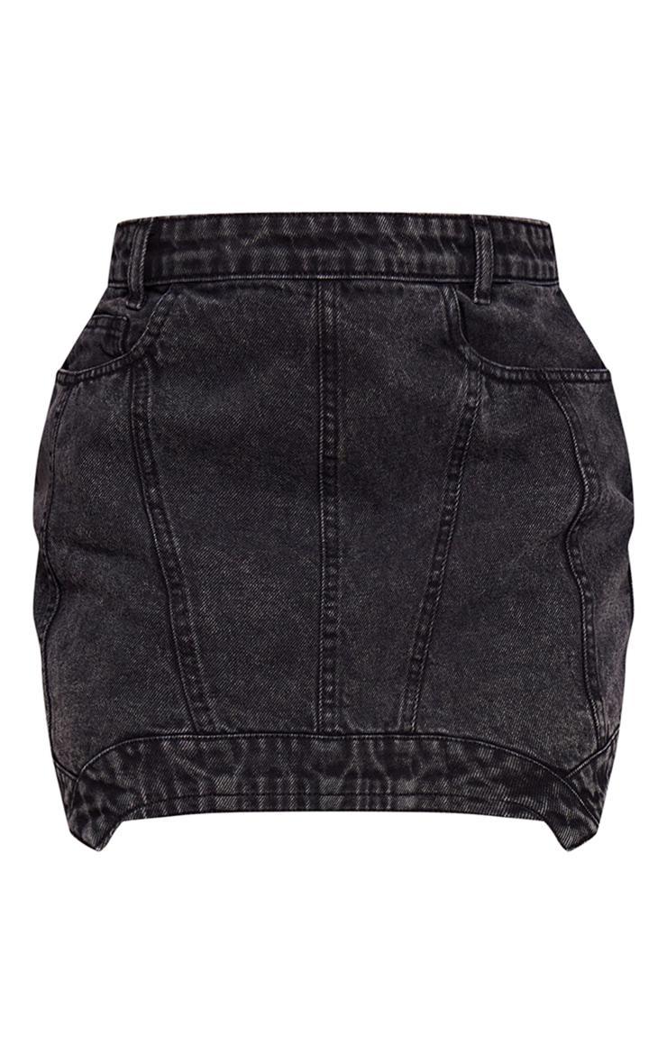 Washed Black Seam Detail Asymmetric Denim Mini Skirt Product Image