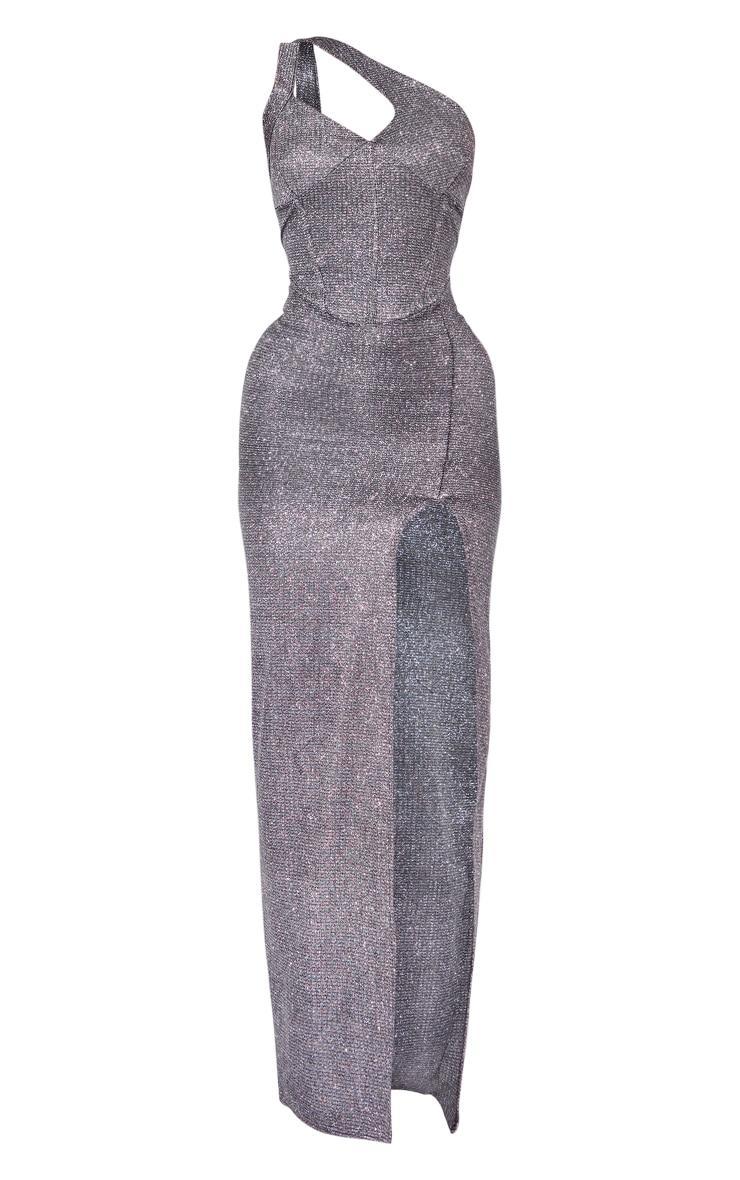 Silver Textured Glitter Cut Out One Shoulder Corset Maxi Dress Product Image