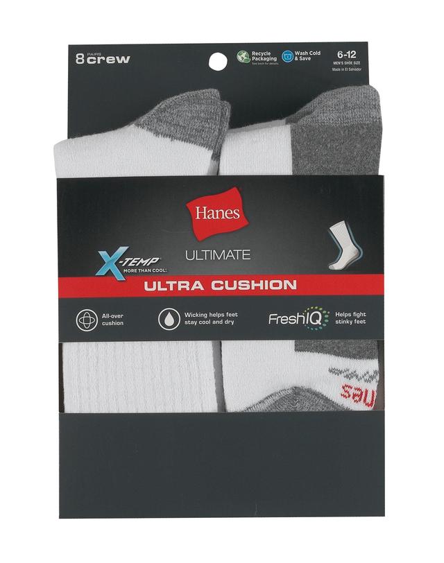 Hanes Ultimate Mens Ultra Cushion Crew Socks, 8-Pairs White 6-12 Product Image