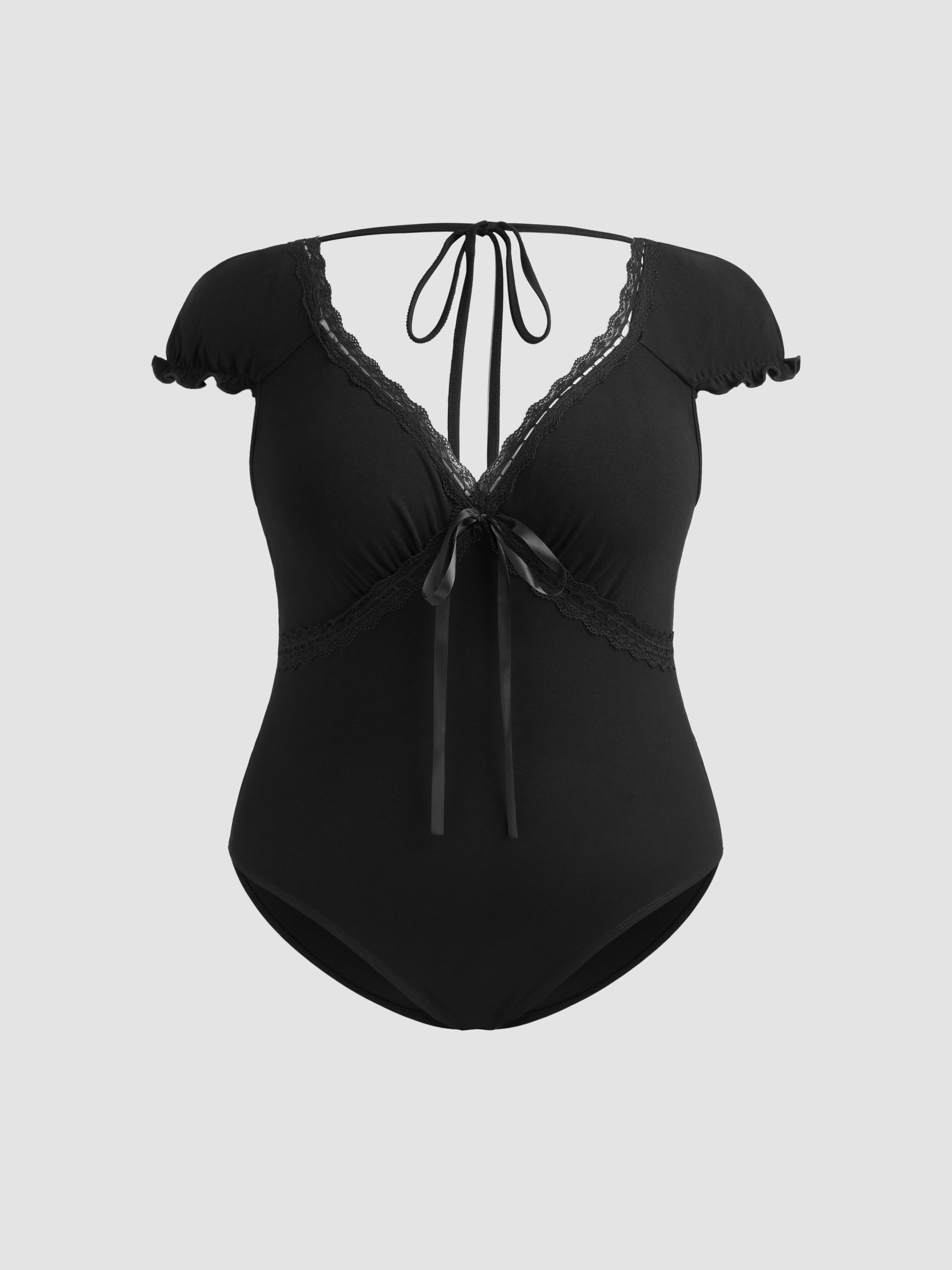 Jersey V-neck Bowknot Lace Up Bodysuit Curve & Plus Product Image