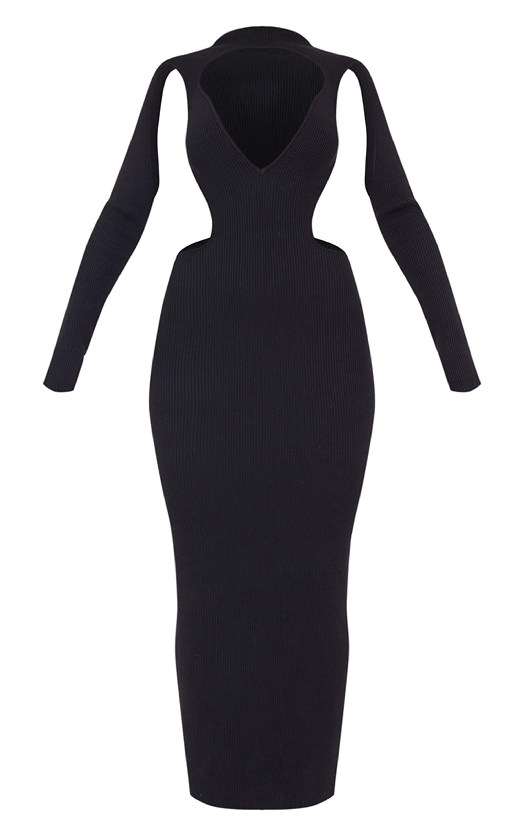 Black Textured Rib Knit Cut Out Maxi Dress Product Image