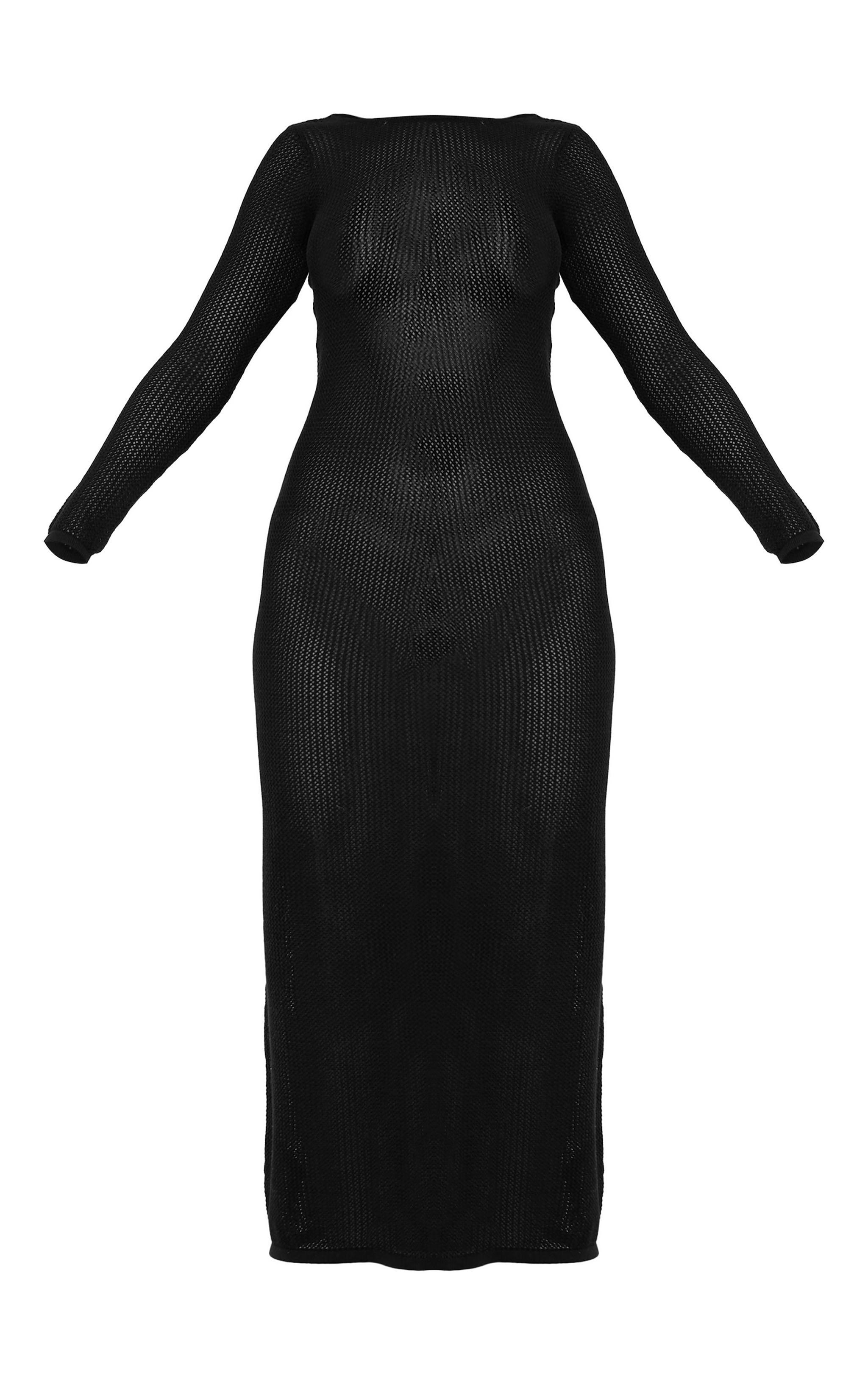 Black Basic Crochet Knit Open Back Maxi Dress Product Image