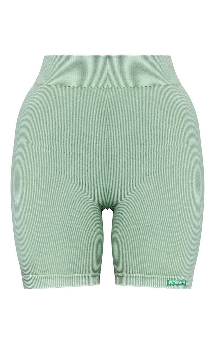 Khaki Acid Wash Seamless Rib Ruched Bum Booty Shorts Product Image