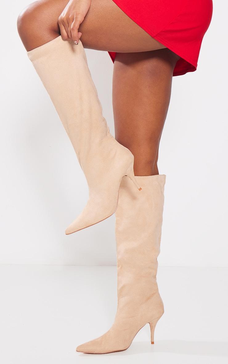 Beige Faux Suede Point Toe Low Heeled Knee High Boots product image