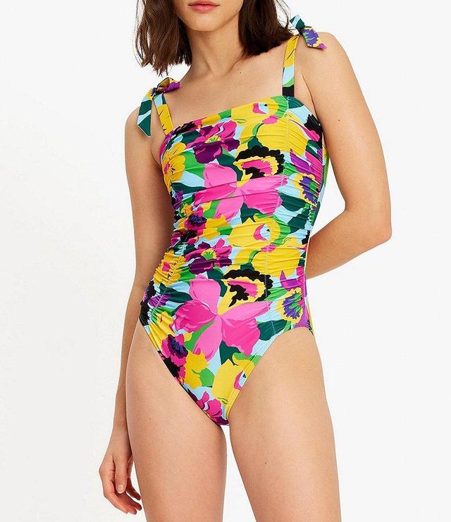 kate spade new york Orchid Floral Square Neck Tie Bow Shirred One Piece Swimsuit Product Image