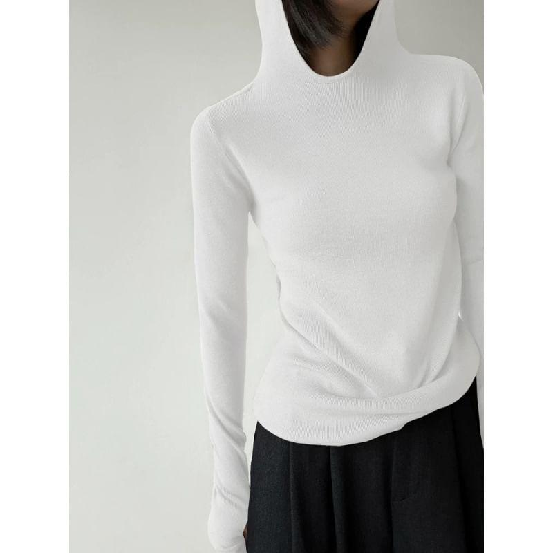 Long-Sleeve Plain Asymmetrical Hooded Knit Top Product Image