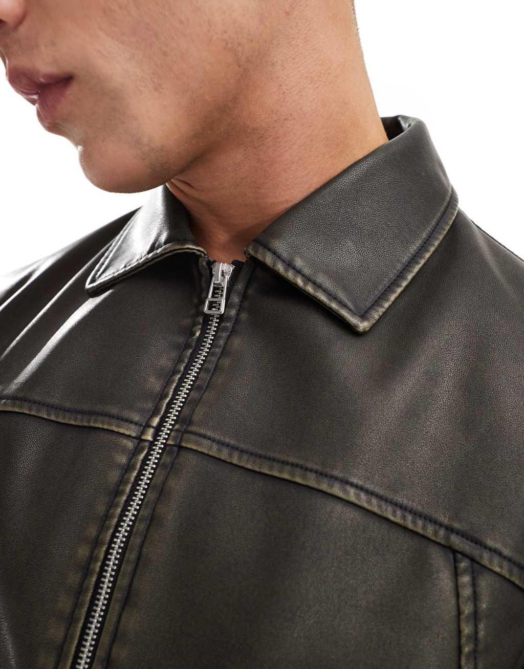 ASOS DESIGN faux leather harrington jacket with seam details in brown Product Image