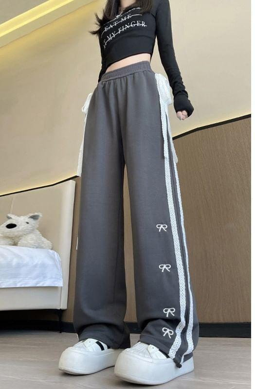 Elastic Waist Bow Embroidered Lace Panel Loose Fit Sweatpants (Various Designs) Product Image