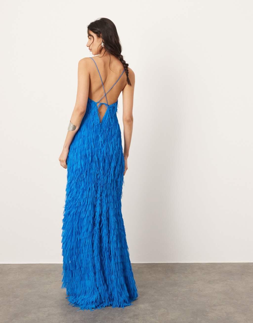 ASOS EDITION textured fringe cami maxi dress with low back in blue Product Image