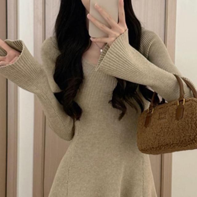 Long Sleeve V-Neck Plain Ribbed Knit Mini A-Line Dress Product Image