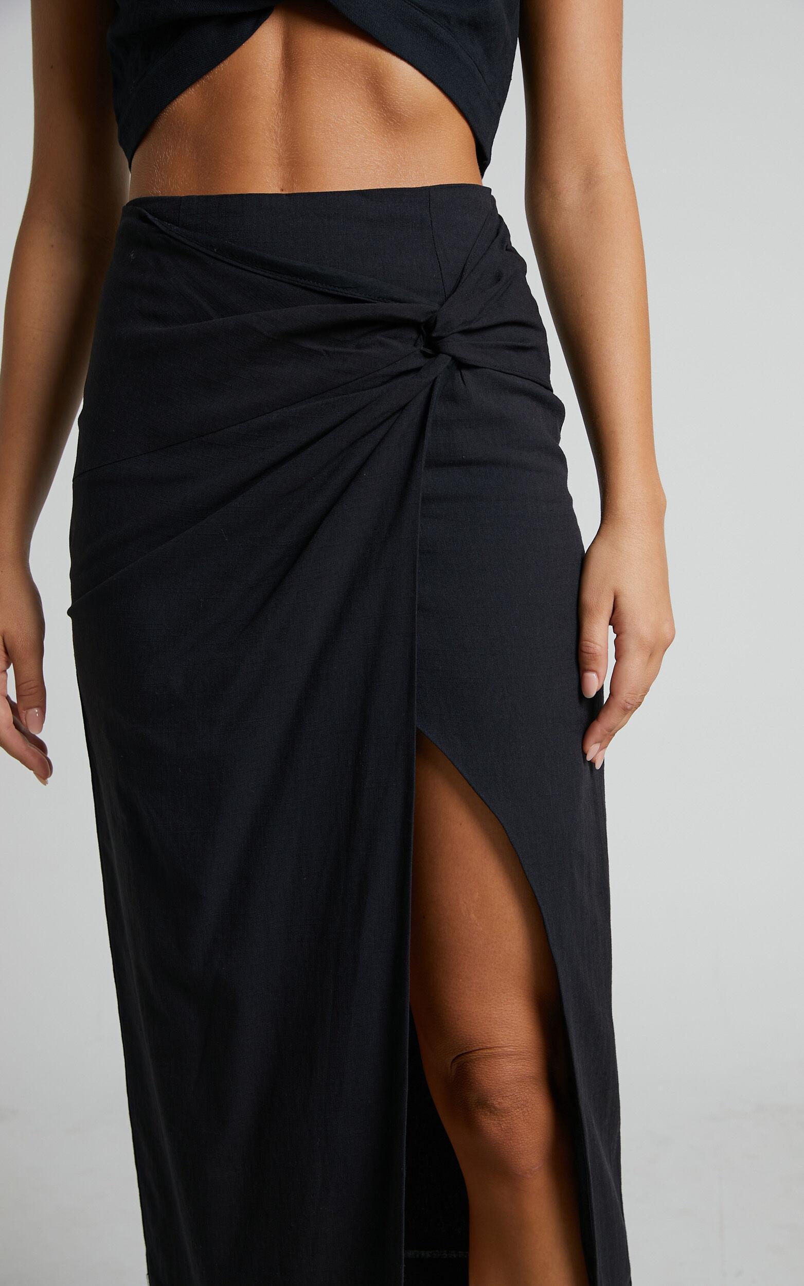 Marieta Midi Skirt - Linen Look Knot Front Skirt in Black Product Image