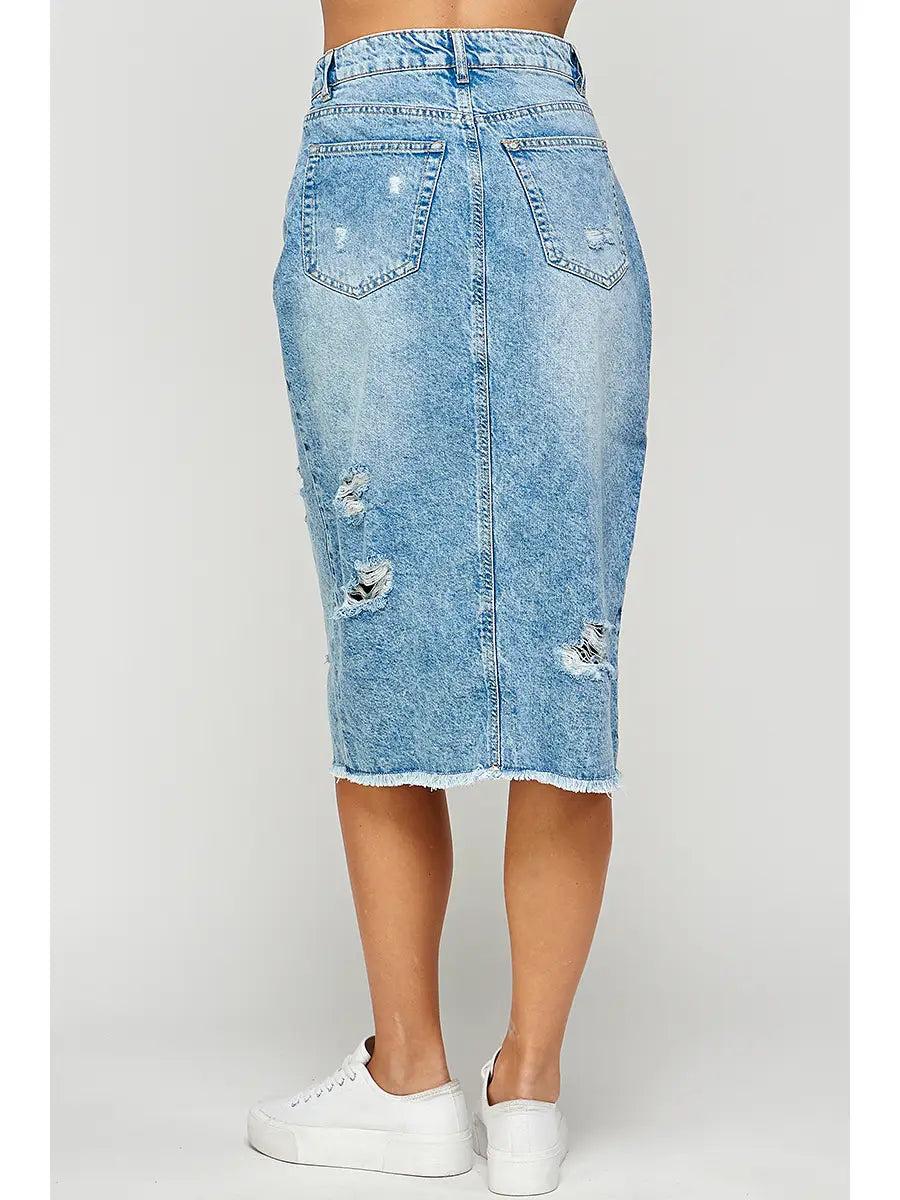 Distressed Long Denim Skirt Product Image