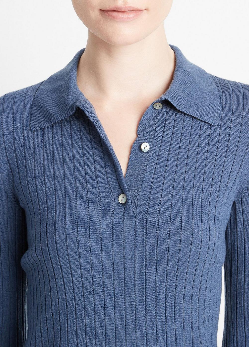 Ribbed Wool Three-Quarter-Sleeve Polo Sweater Product Image