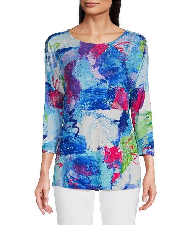 Ali Miles Petite Size Knit Abstract Print Round Neck 3/4 Sleeve Tunic Product Image