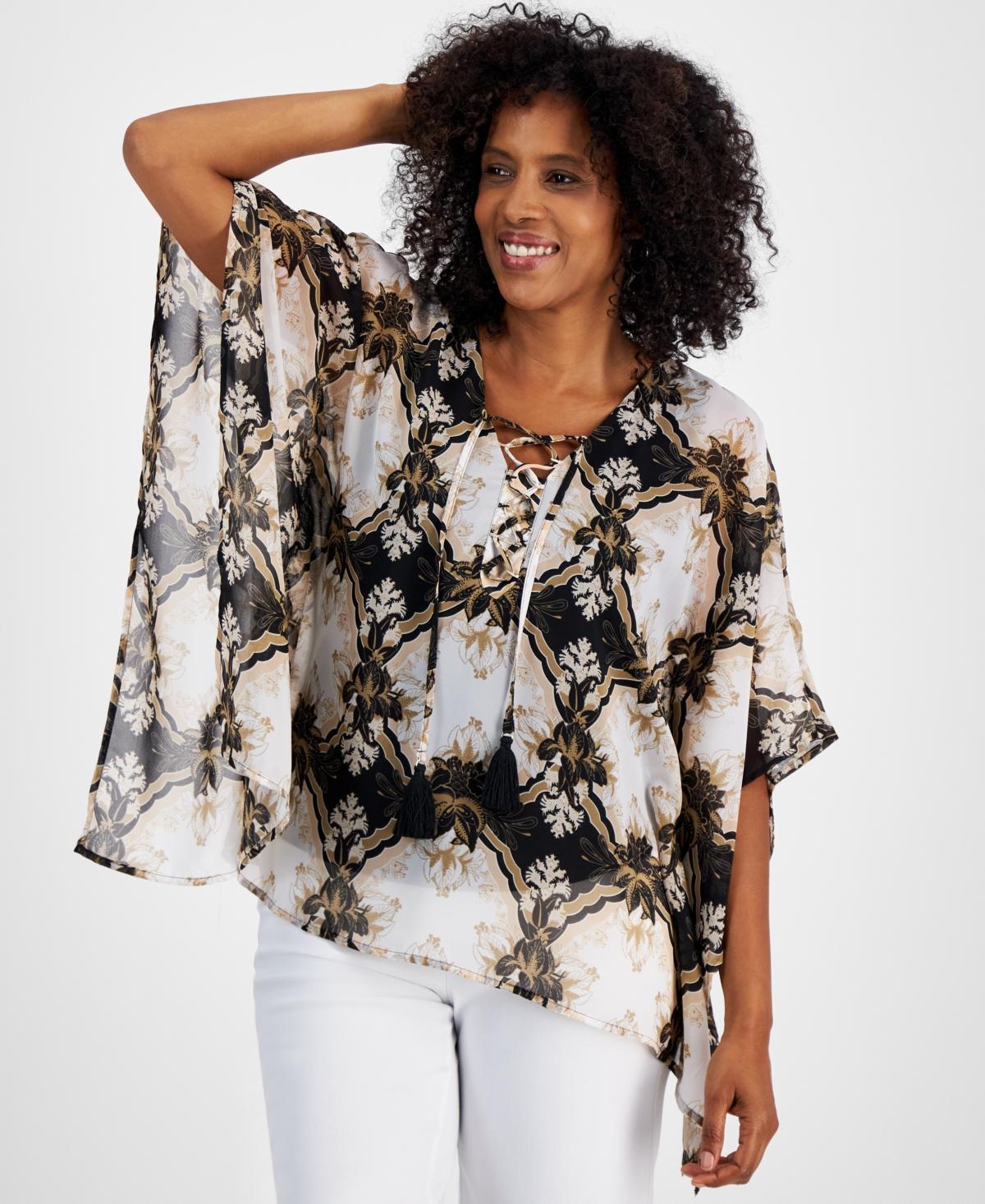 Jm Collection Womens Lace-Up V-Neck Asymmetic-Hem Poncho Top, Created for Macys Product Image