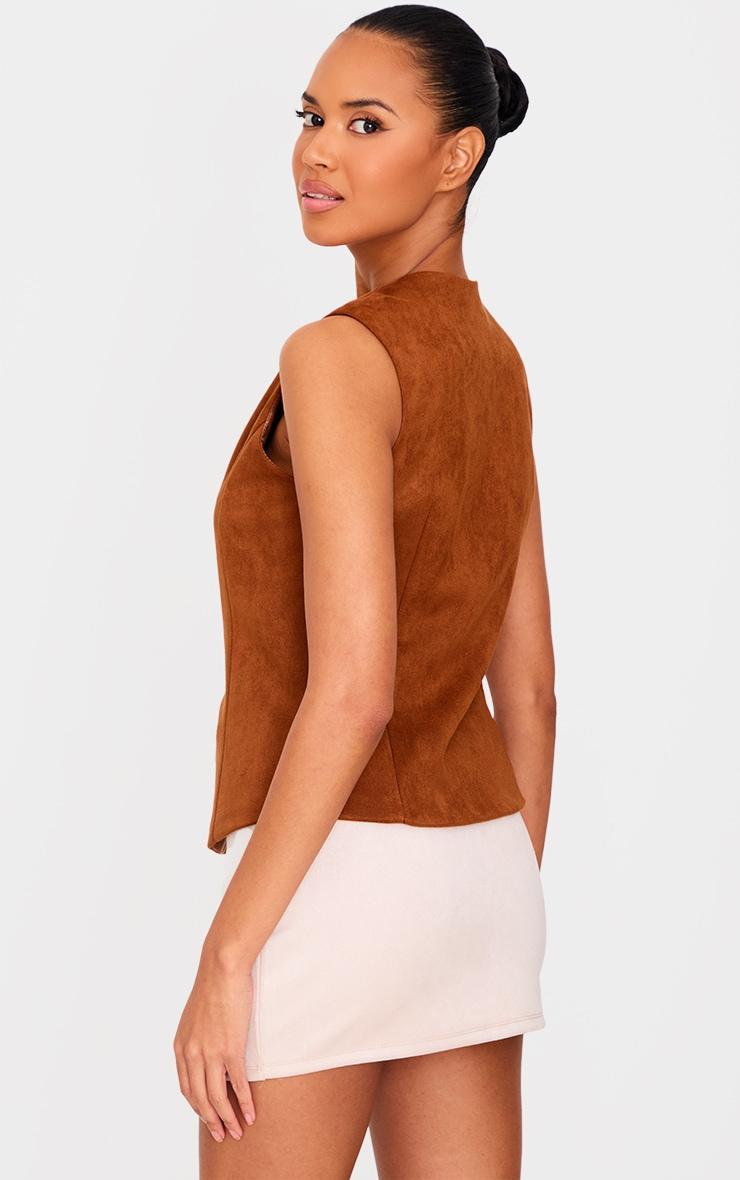 Brown Faux Suede Longline Button Up Vest Product Image