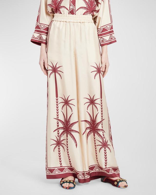 Wide-Leg Silk Palazzo Pants with Floral Detail Product Image