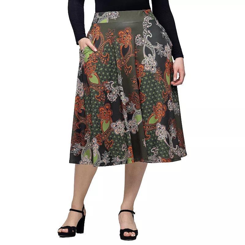 Womens 24Seven Comfort Apparel Print Elastic Waist Pocket Midi Skirt Product Image