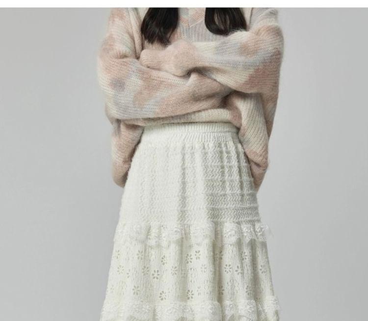 Elastic Waist Tiered Lace Trim Midi A-Line Skirt Product Image