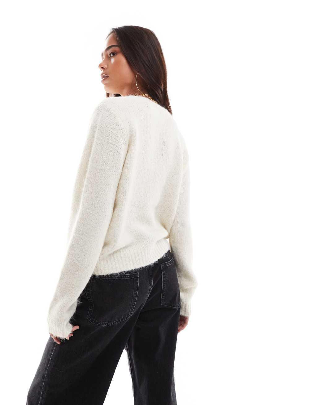 Vero Moda round neck knit cardigan in heathered cream Product Image