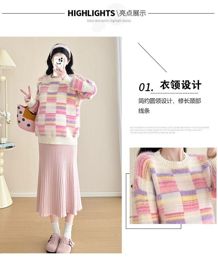 Maternity Round Neck Plain Sweater / High Rise Plain Ribbed Knit Midi Mermaid Skirt / Set Product Image