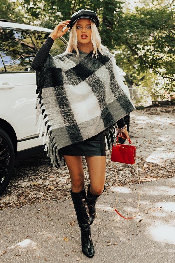 Cozy Debut Plaid Poncho In Charcoal Product Image