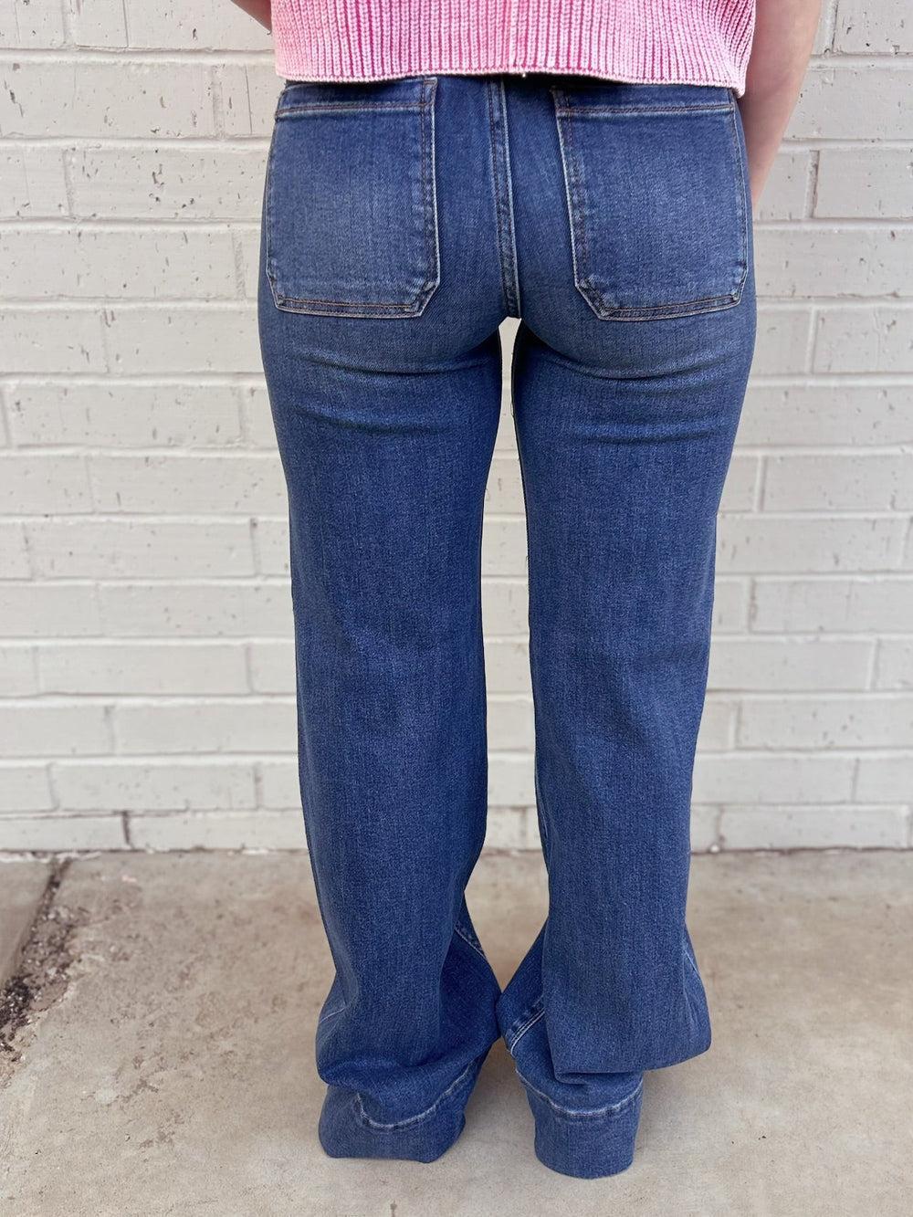 High Rise Wide Flare Patch Pocket Jeans Product Image