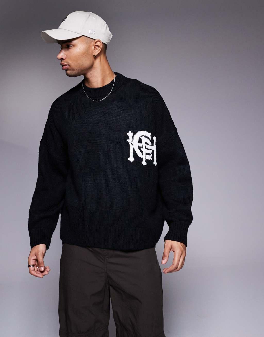 ASOS DESIGN super oversized boxy fit knitted crew neck sweater with city text pattern in navy Product Image