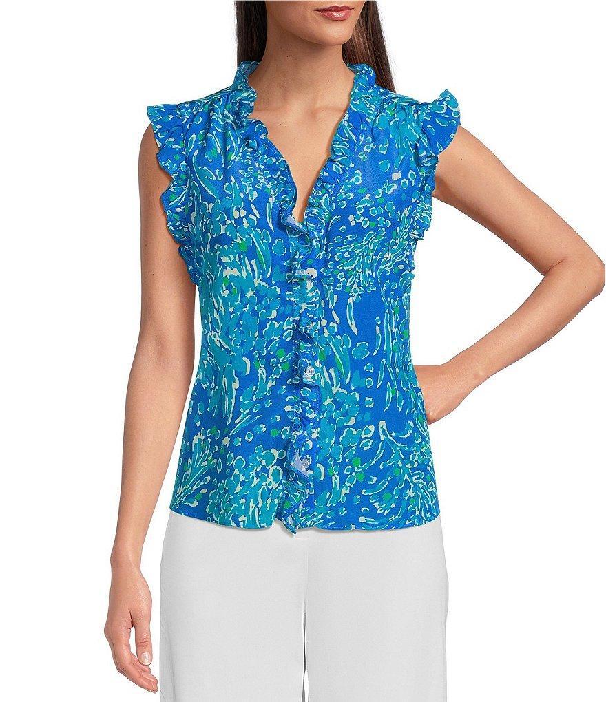 tyler boe Penny Silk Capri Floral Print V-Neck Sleeveless Ruffle Button Front Blouse Product Image