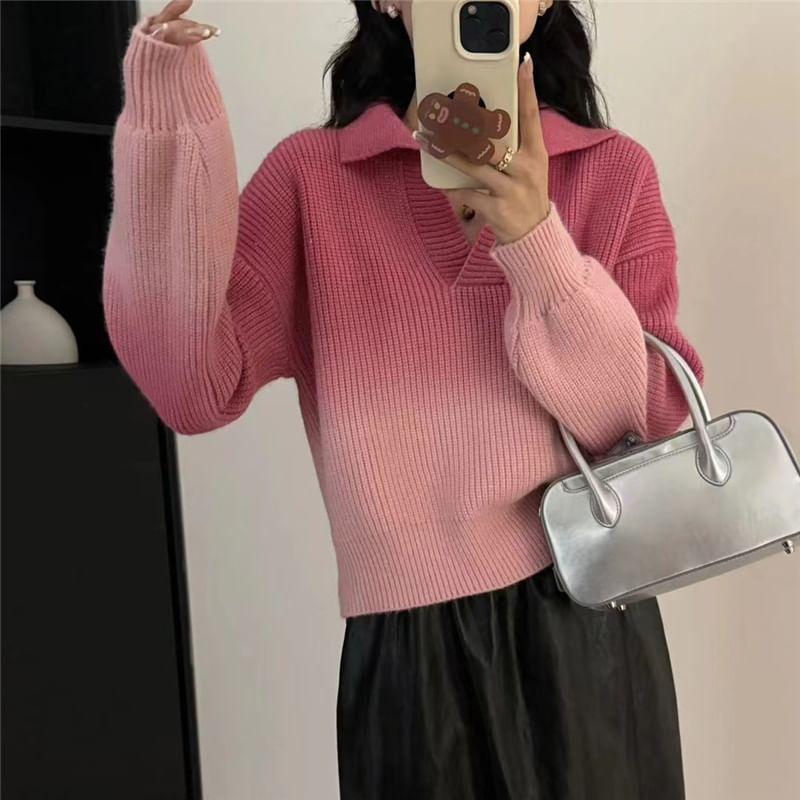 Long-Sleeve Polo-Neck Ombre Sweater Product Image