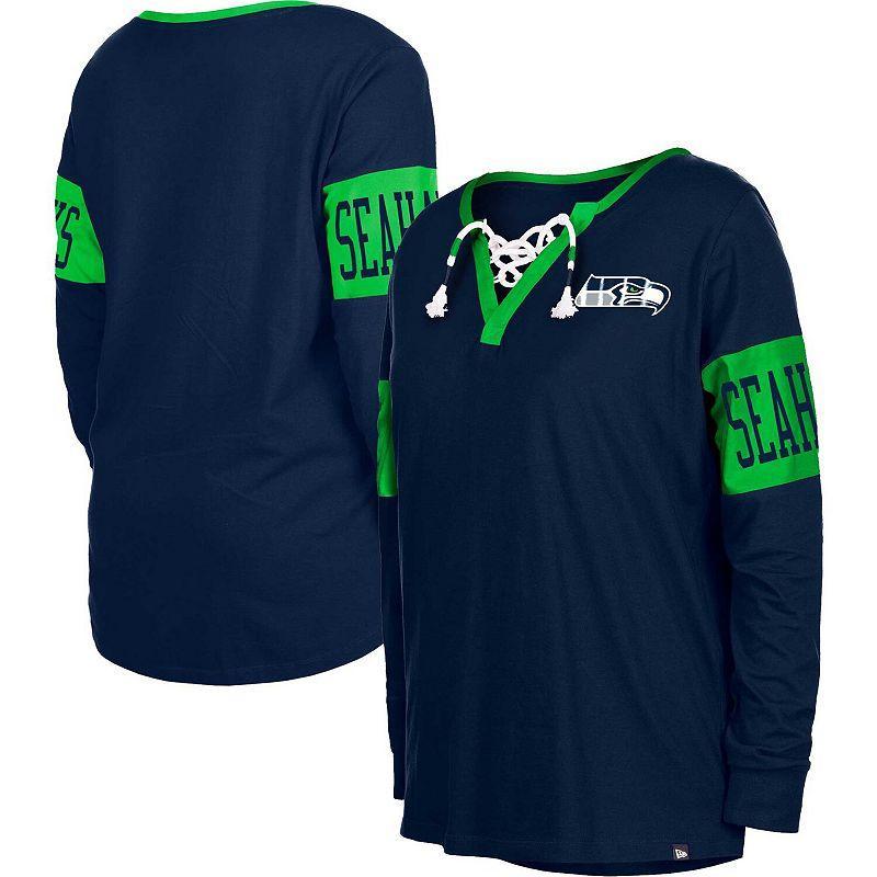 Womens New Era College Navy Seattle Seahawks Lace-Up Notch Neck Long Sleeve T-shirt Product Image