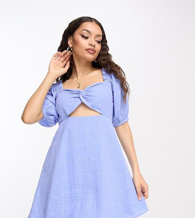 ASOS DESIGN Petite knot front mini dress in check textured in blue Product Image