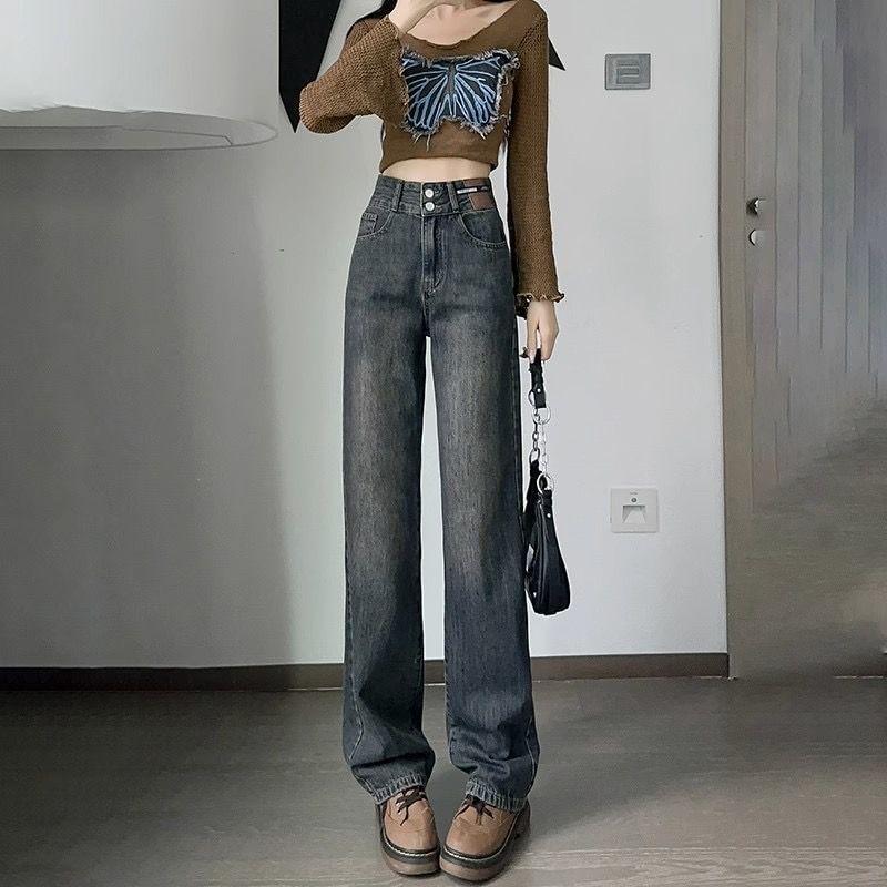 High Rise Washed Straight Leg Jeans Product Image