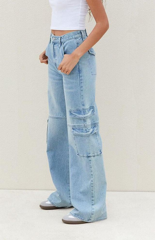 Women's Light Indigo Mid Rise Baggy Cargo Jeans Product Image