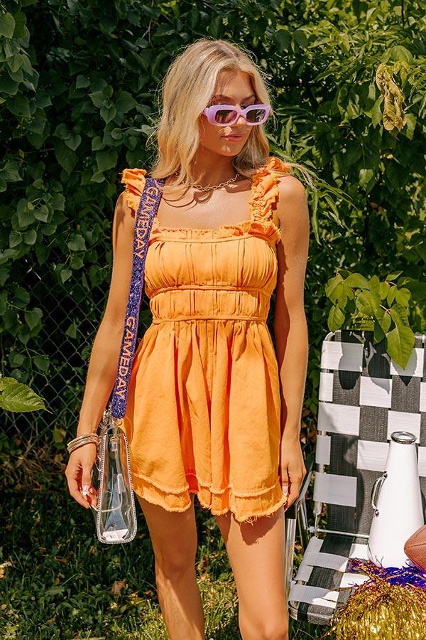 Tailgate Ready Mineral Wash Denim Romper in Orange Product Image