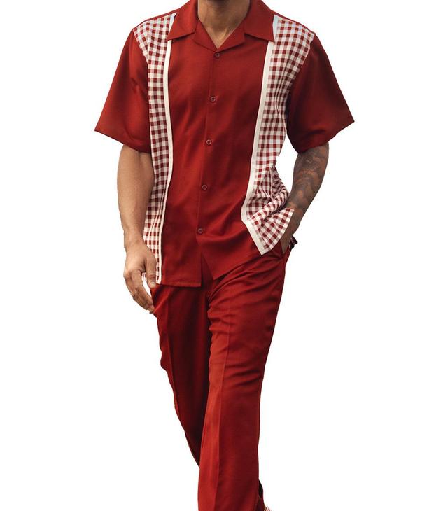 Burgundy Checker Plaid Walking Suit 2 Piece Short Sleeve Set Product Image