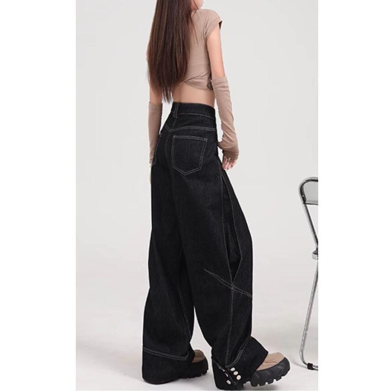 High Waist Contrast Stitching Wide Leg Jeans Product Image