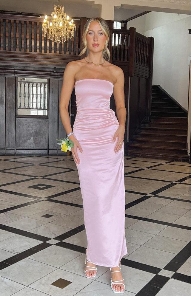 Pink Bloom Satin Strapless Maxi Dress Product Image