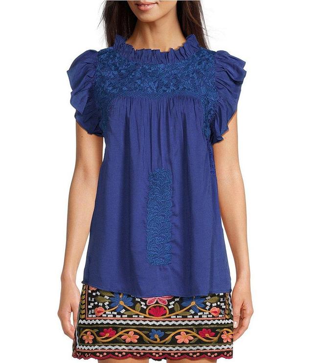 J.Marie Woven Embroidered Cap Sleeve Ruffled Trim Top Product Image