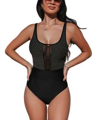 Cupshe Womens Black Mesh U-Neck Standard One-Piece Product Image