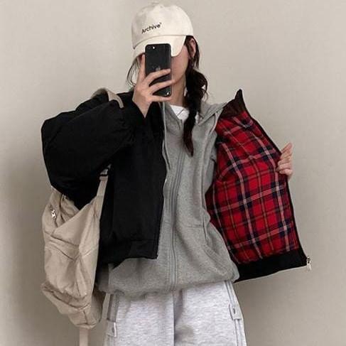 Stand Collar Reversible Plaid Zip-Up Bomber Jacket Product Image