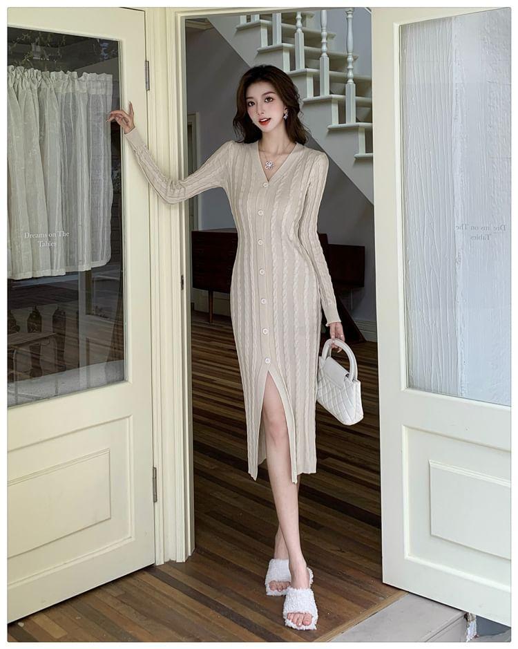 V-Neck Long Sleeve Plain Cable Knit Bodycon Midi Dress Product Image